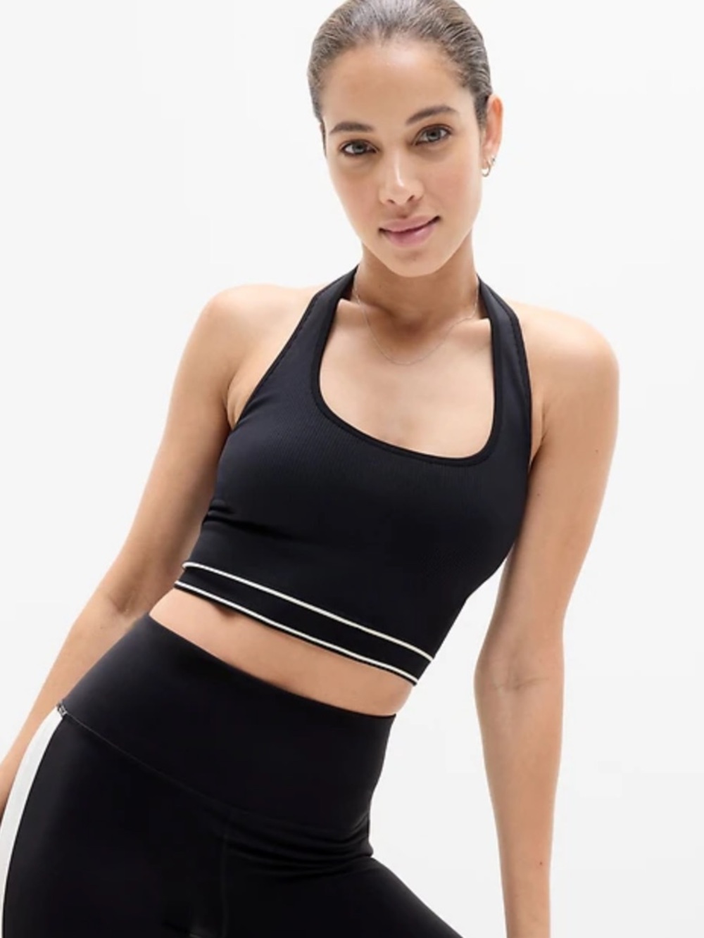 Athleta Recharge Ribbed Cropped Halter Black/White Size S EUC